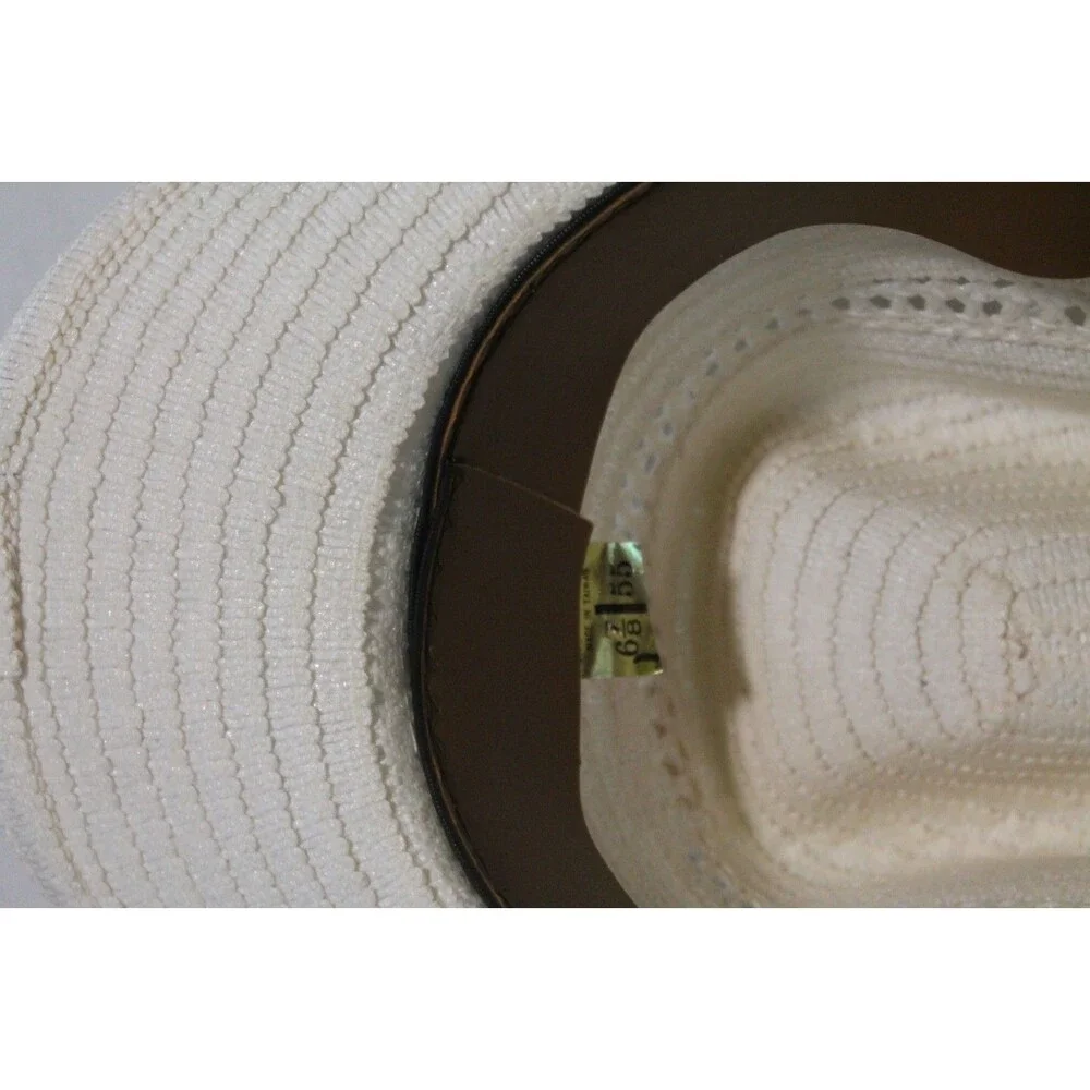 Cowgirl Hat, Tan Straw Rancher Feather Brim Trim White Tan Medium 6 7/8